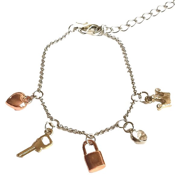 Heart Lock Key Crown Charm Bracelet Anklet 6-8" Love Queen Tri Color Gold Plated - Picture 1 of 12
